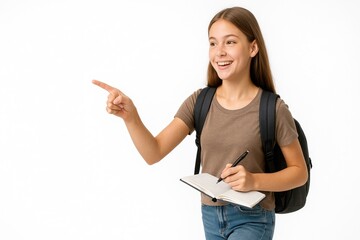 Young teen girl student in casual clothes with backpack walking on white background holding notebook in one hand for education learning and back to school themes