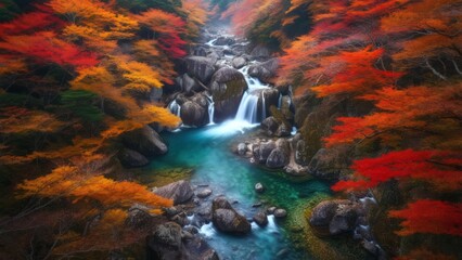 Stream cascades through rocky landscape, framed by vibrant autumnal foliage
