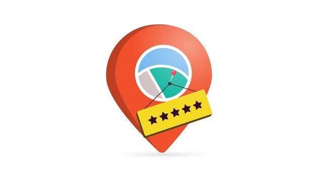 Local business rating animation - map pin with five star review, customer feedback icons. Business rating animation displays search visibility and reputation growth for small business motion graphic