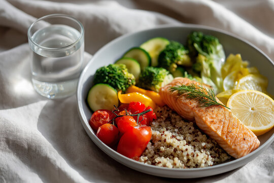 Healthy salmon and quinoa meal with fresh vegetables and lemon slice - Powered by Adobe