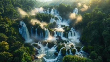 Majestic cascade of waterfalls plunging through lush green vegetation under a warm sunlight