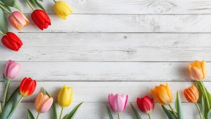 Colorful tulips arranged on a rustic, white-painted wooden background. Springtime floral display