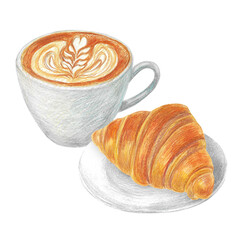 Hand drawn illustration with a cup of cappuccino and a plate with croissant for graphic design. Isolated colored pencil illustration on white background. Coffee collection.