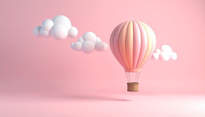 Pastel hot air balloon with pink-white panels floating among fluffy clouds in dreamy pink sky.