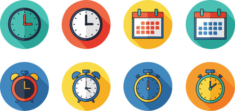 Essential Collection of Flat Design Time and Calendar Icons with Long Shadows, Representing Scheduling, Appointments, Deadlines, and Productivity Concepts for Digital Media