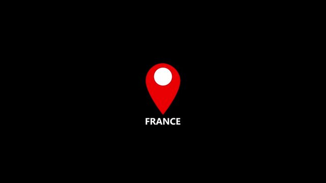 Red location pin with F R A N C E text on black background travel destination marker france