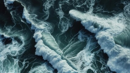 Aerial ocean view reveals powerful waves cresting and swirling, creating dynamic patterns