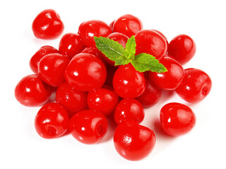 Maraschino Cherries with Mint on white Background