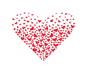 A large heart shape made of small hearts on a white background. Abstract red romantic silhouette of love, vector illustration. Holiday sign, an element for the design of valentines, postcards, wedding