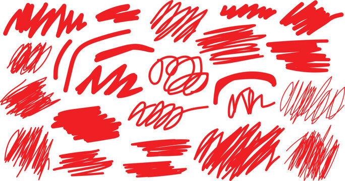 Collection of red scribble marks and strokes on white background