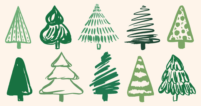 Green Paint Brush Christmas Tree Silhouette. Marker Hand Draw Christmas Trees Icon Set. Ink Brush Calligraphy Spruce Trees, Symbol for Winter Holidays
