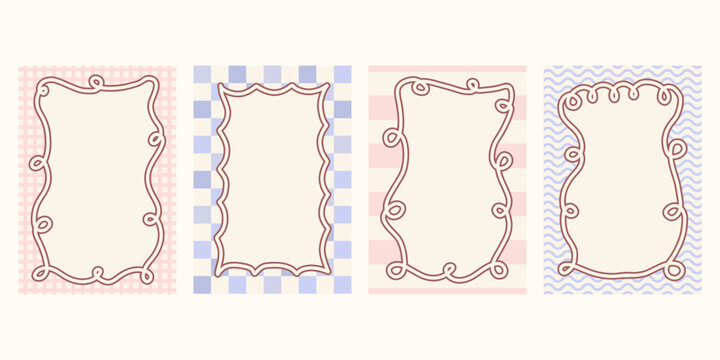 Whimsical set of wavy line frames and oval borders drawn in coquette style. Decorative vintage vector collection for birthday card wedding or spring cocktail party.