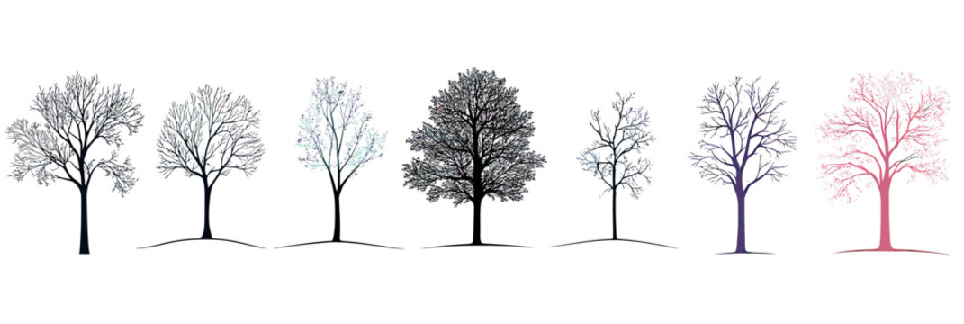 Vector set of seven bare outline tree silhouettes with different shapes and colors standing on small ground mounds side view flat minimalist design for landscape and architecture projects