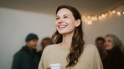 cheerful group of friends laughing joyfully in cozy canadian coffee shop adorned with twinkling string lights