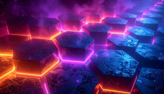 Abstract glowing hexagon grid rising from fog, lit in magenta and orange