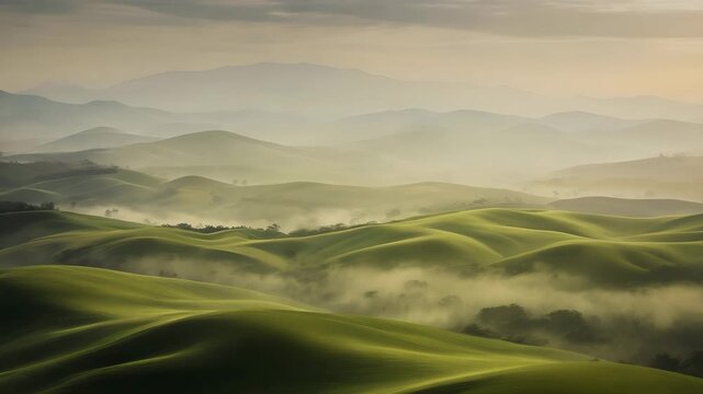 Morning fog covers the grassland hills【4K】