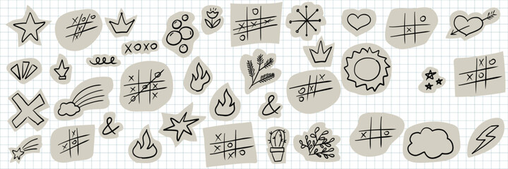 Playful scrapbook doodle set with torn craft paper shapes. Cute crayon drawings and funky collage elements for zine or DIY design. Vector naive art illustration.