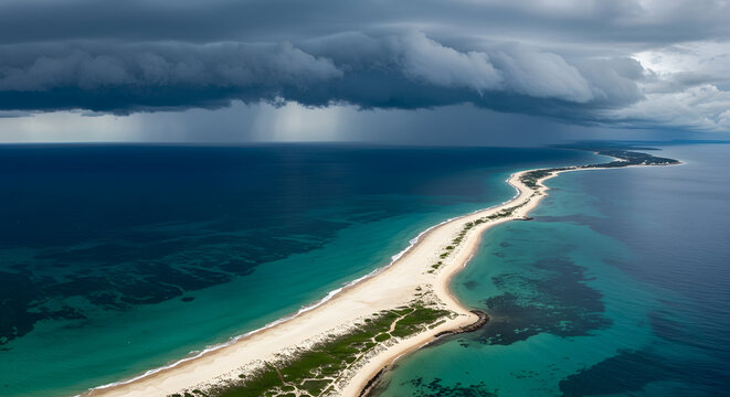 Dramatic Aerial View of a Sandy Beach Stretching into Turbulent Ocean Waters Under Dark Storm Clouds