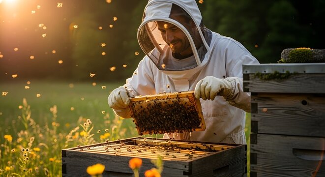 A beekeeper in protective gear inspecting a hive outdoors during golden hour with sunlight filtering through trees