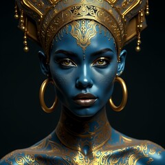 Elegant portrait of a woman with blue skin and gold adornments Generative AI