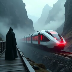 Mysterious figure watches futuristic train in misty valley Generative AI
