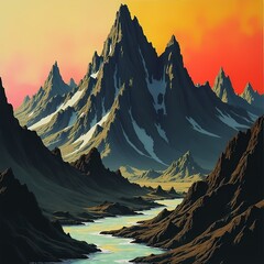 Majestic mountain peaks surround a winding river at sunset Generative AI