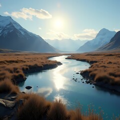 Scenic river flowing through mountains during sunset Generative AI