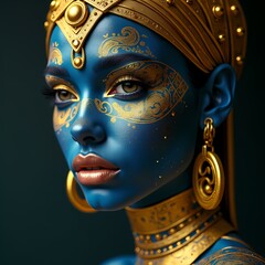 Stunning blue makeup art with golden details on model Generative AI