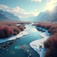 Scenic river flows through a serene winter landscape Generative AI