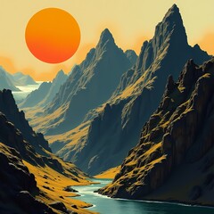 Majestic mountain landscape at sunset with a river Generative AI