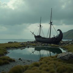Old ship rests peacefully by the calm lake shore Generative AI