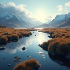 Majestic mountain landscape with a peaceful river at sunset Generative AI