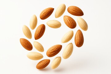 Almond nuts flying in air blanched and skin on swirling in gentle spiral on white background for food snack baking and healthy diet themes