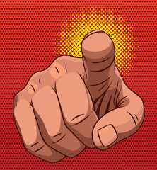Comic finger points at viewer. Uncle sam hand in pop art style. Business concept illustration. Man show forefinger. Human arm in vintage retro design