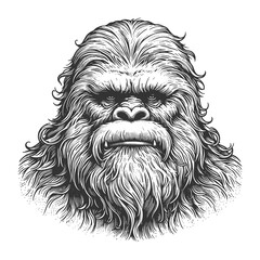 Obraz premium Bigfoot Yeti or Sasquatch creature, created in a vintage engraving style. sketch engraving generative ai fictional character raster illustration. Scratch board imitation. Black and white image.