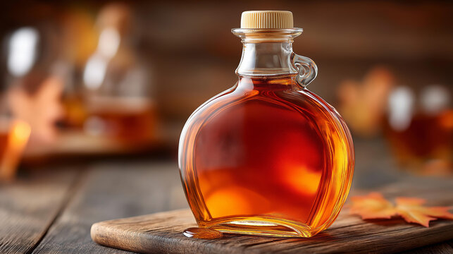 Maple syrup in glass bottle with autumn leaves on wooden table