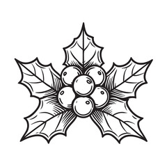 Hand-drawn black and white sketch of classic holly sprig