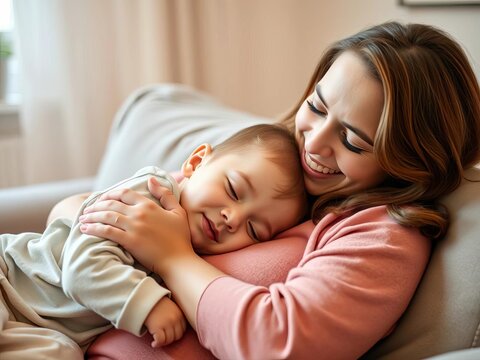A tender kiss from a happy mother soothes her sleeping child on the couch, offering comfort and love at home,  gentle,  family - Powered by Adobe