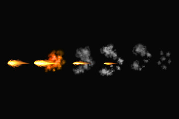 Gun flashes or gunshot animation. Collection of fire explosion effect during the shot with the gun. Cartoon flash effect of bullet starts. Shotgun fire, muzzle flash and explode
