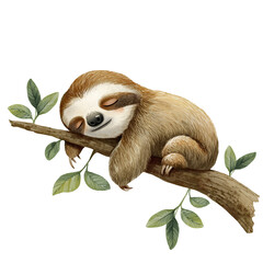 Naklejka premium Sweet Baby Sloth Sleeps Peacefully While Draped Over a Tree Branch