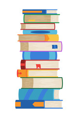 High book stacks or pile. Library textbooks and school literature heaps, dictionaries. Bookstore advertise. Cartoon stacked books angle view with different colorful covers isolated on white