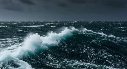 Fototapeta premium Dramatic Ocean Waves Crashing Against Each Other Under Dark Stormy Clouds Creating a Powerful and Intense Atmosphere at Sea