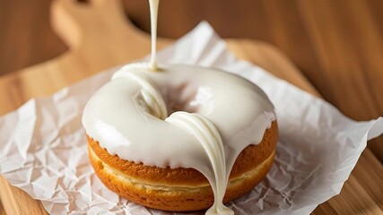 Delicious donut with white frosting being poured on it, ready to enjoy as a sweet treat