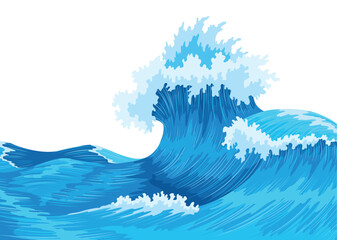Ocean waves, splash water, marine sea storm element. Blue sea or ocean wave with spray, foam on crest. Vector illustration