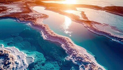 An aerial perspective reveals vibrant turquoise salt lakes with unique mineral formations along their edges, bathed in the warm glow of the setting sun.