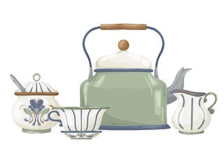 Rustic tea and coffee set with vintage enamel kettle, sugar bowl, cup, and creamer pitcher. Hand-drawn vector illustration in a cozy watercolor style, isolated on white for menu and product design