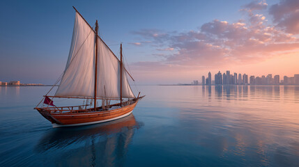 Majestic wooden sailboat with city skyline in serene sunset over calm waters