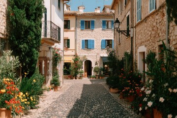 Fototapeta premium A serene cobblestone street lined with colorful flowers and rustic buildings, evoking a peaceful and inviting atmosphere in a quaint village setting.