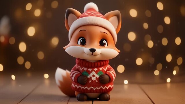 Adorable cartoon fox wearing a festive Christmas sweater and Santa hat, surrounded by bokeh lights