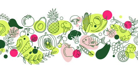 Seamless horizontal border illustration in a modern doodle style, showcasing a variety of healthy foods like fruits, vegetables, fish, and cheese over abstract color spots